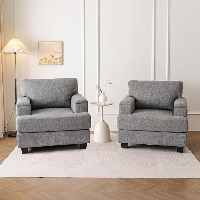 Oversized Living Room Chairs Set of 2Comfy Accent Chair with Armrest OrganizerUpholstered Linen Fabric Armchair Thick CushionBig Reading ChairSofa Chair for BedroomDark Gray