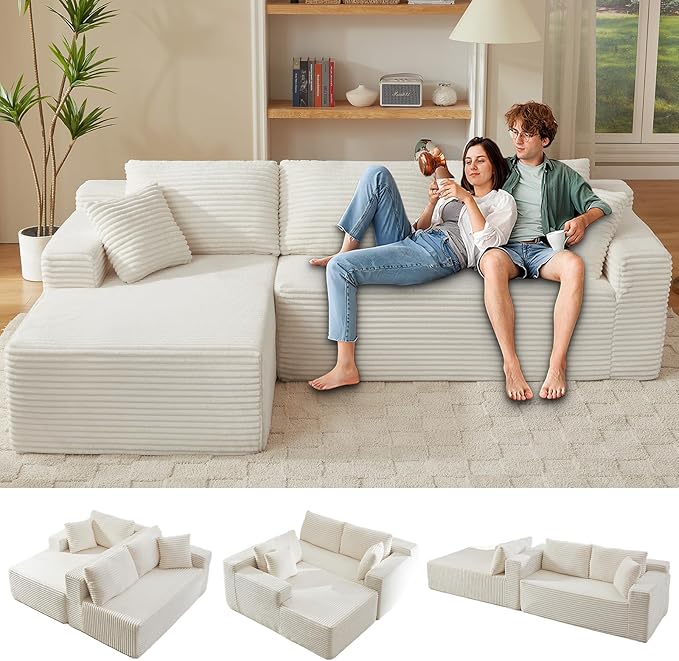 Minimalist Boneless Cloud Couches for Living Room Corduroy L Shaped Modular Sectional Sofa Couch W/Deep Seat &amp High-Back Comfy Memory Foam Couch Sofa in A Box (White Left Facing Chaise)