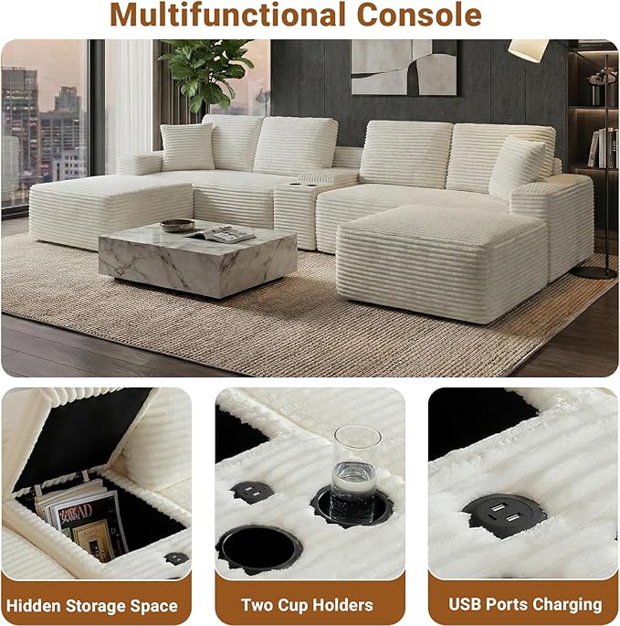 150 Oversized U-Shaped Sectional Sofa Deep Seat Boneless Cloud Corduroy Couch with Cup Holders USB Ports Wireless Charging &amp Storage Box Upholstered Modular Sleeper Sofa for Living Room Beig