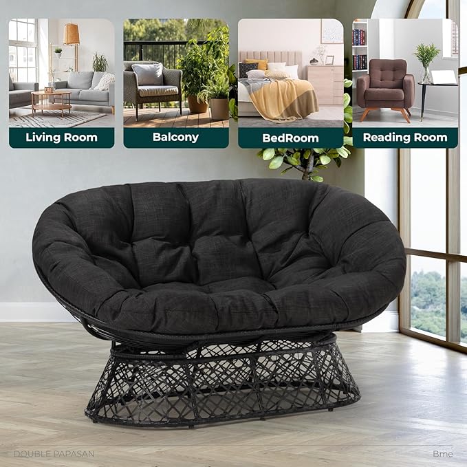 Bme 61 Black - Black Frame Capacity 600lbs Double Papasan Ergonomic Wicker Papasan Chair with Soft Thick Density Fabric Cushion High Capacity Steel Frame for Living Bedroom