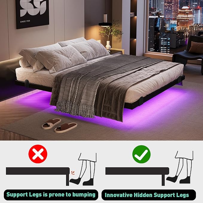 Floating Bed Frame with LED Lights and Charging Station 10 Inch King Size Floating Bed Frame King Platform Bed Frame No Box Spring Needed Easy to Assemble