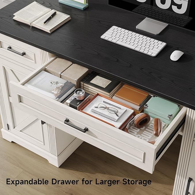 ONBRILL 59 inch Farmhouse Executive Desk with Drawers Home Office Desk with File Cabinet Outlets Storage Cabinet Keyboard Tray Wood Computer Desk for Work Study Writing (Off White &amp Black)