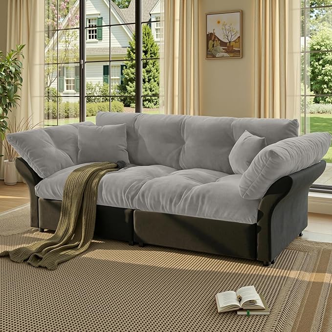74.8 Queen Pull Out Couch BedVelvet Convertible Pull-Out Sofa Bed with Side Pockets3-in-1 Queen-Size Sleeper SofaSleeper Loveseat for Living RoomApartmentOffices (Grey)