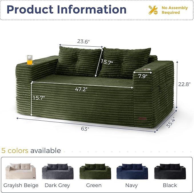 MAXYOYO Boneless Sofa Couch for Adults Upholstered Floor Sofa with Armrests Loveseat Couch with Cushion &amp Pillows Sofa in A Box Large Bean Bag Couch for Bedroom Living Room