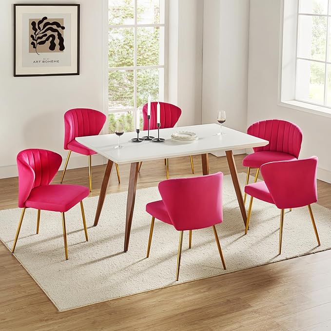 HULALA HOME Velvet Dining Chairs Modern Small Armless Accent Chair with Gold Metal Legs Living Room Upholstered Cute Side Chair Elegant Tufted Back Vanity Chair for Bedroom/Beauty Room-Fuchsia