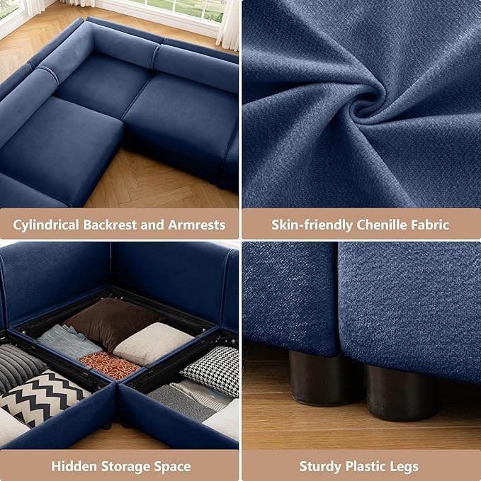 Oversized Modular Sectional Sofa 109 Chenille U-Shaped Sofa with Cylindrical Backrest &amp Armrest Modern Comfy 3-Seat Sofa with 2 Ottoman Upholstered Deep Seat Couch for Living Room Blue