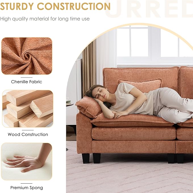 URRED Cloud Couch Modular Sectional Sofa 122 Modern U Shaped Deep Seat Sofa with 2 Ottomans &amp Pillows Ultra Comfy Chenille Couches for Living Room Bedroom or Apartment Orange