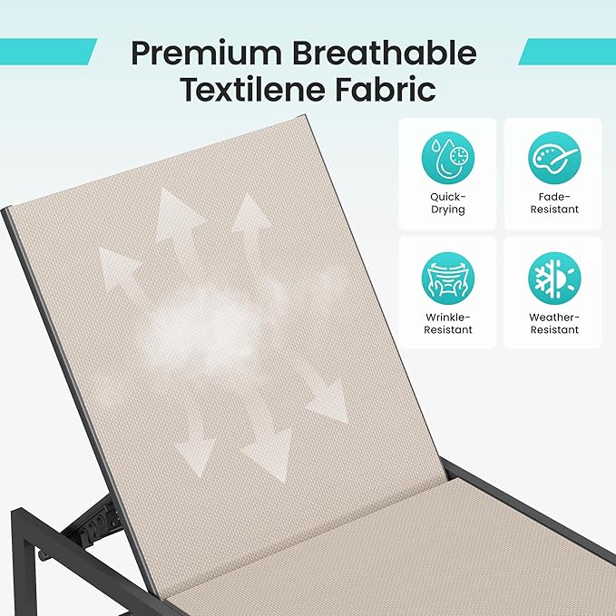 Amopatio Outdoor Patio Lounge Chair Adjustable Heavy-Duty Chaise Lounge for Poolside Weather Resistant Pool Lounge Furniture Set with Table for Backyard Beach 400 LBS Capacity(Khaki)