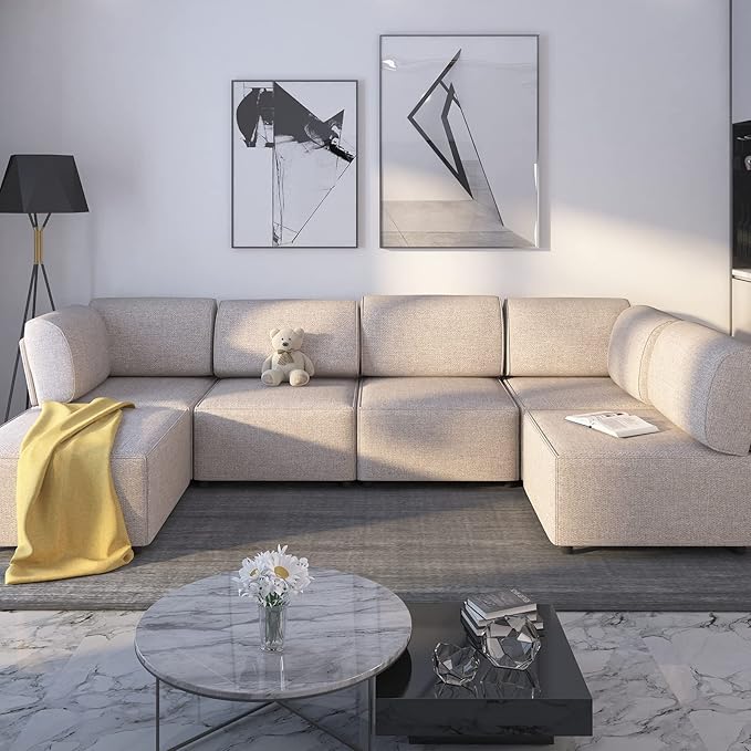 BALUS U Shaped Modular Sectional Sofa L Shaped Oversized Sofa Furniture Set with Ottoman Free-Combined Sleeper Couch with Chaise Reversible for Living Room Beige