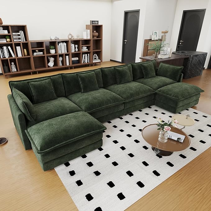 146.5 Chenille Modular Sectional Sofa Comfy Cloud Couch Sectional Sofa Modern 4 Seat Deep Seat Couch for Living Room Bedroom Apartment (Green 146.5Inch-U Shape)