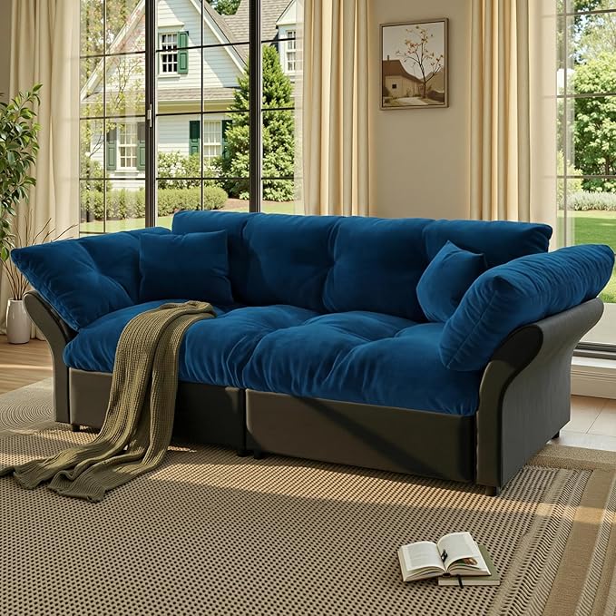 74.8 Queen Pull Out Couch BedVelvet Convertible Pull-Out Sofa Bed with Side Pockets3-in-1 Queen-Size Sleeper SofaSleeper Loveseat for Living RoomApartment Offices (Blue)
