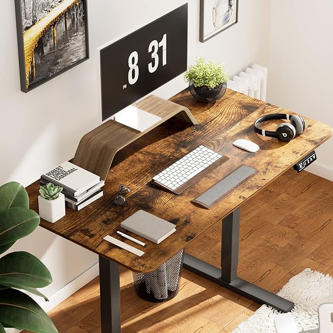 YESHOMY Height Adjustable Electric Standing Desk Memory Home Office Sit Stand up Desk with Phone Holder and USB Charging Port Black Leg/Rustic Brown Top