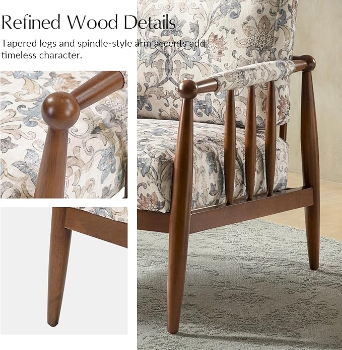 HULALA HOME Modern Accent Chair with Solid Wood Frame and Armrests Comfy Upholstered Armchair for Living Room Bedroom No Assembly Required Damask