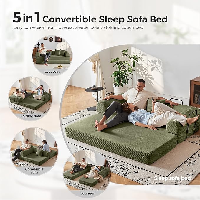 5-in-1 Convertible Sofa Bed | 79 Modular Sleeper with High-Resilience Foam &amp Fixed Frame No Assembly | Corduroy Fabric Ideal for Small Spaces Studio (Light Green)