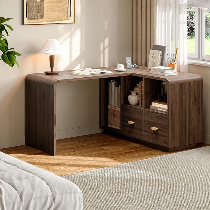 ONBRILL 58 Executive L Shaped Desk Home Office Desk with File Drawers Computer Desk with Power Outlets and Storage Shelves Corner Computer for Home Office (Walnut)