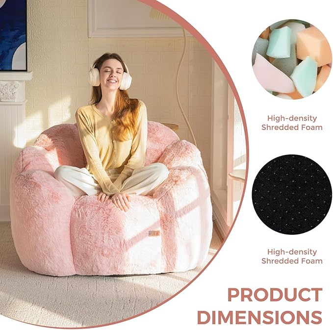 MAXYOYO Bean Bag Chair for Adults Floral Shaped Bean Bag Sofa Ultra Soft Faux Fur Floor Sofa Large Reading Chair for Living Room Bedroom Pink Single