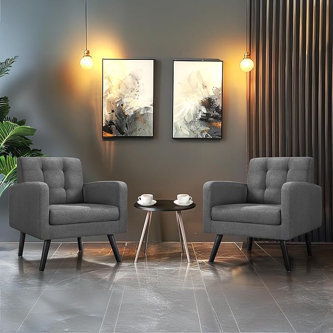 Yaheetech Mid-Century Accent Chairs Modern Upholstered Living Room Chair Cozy Armchair Button Tufted Back and Wood Legs for Bedroom/Office/Cafe Set of 2 Gray