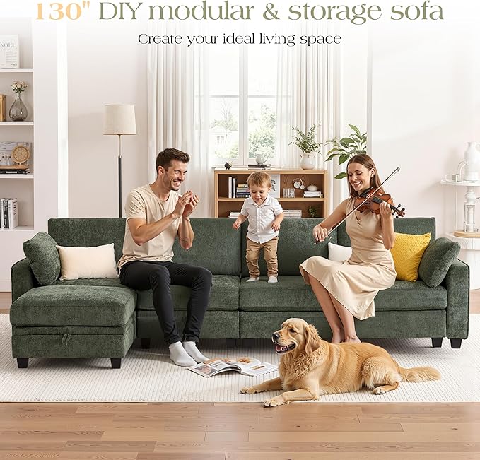 TUNYI 130 Sectional Couch with Storage Oversized Chenille Modular Sectional Sofa for Living Room Convertible Deep Seat Sofa Couches with Ottoman Armrest Pillow (Green)