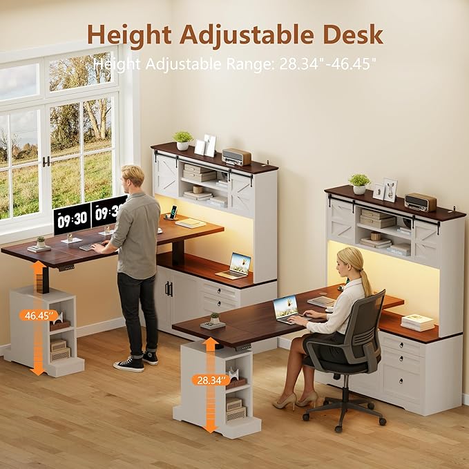 Farmhouse L Shaped Desk with Electric Height Adjustable 70.86 LED Gaming Desk w/Power Outlet Home Office Desk w/Storage Cabinet &amp Sliding Door Executive Desk w/File Drawer White &amp Brown