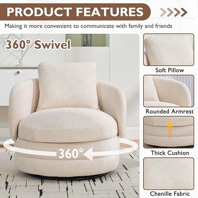 Swivel Accent Chairs 360° Round Swivel Barrel Chair with Pillow for Reading Room Bedroom Beige Chenille Armchair Single Club Chair for Living Room (Beige)