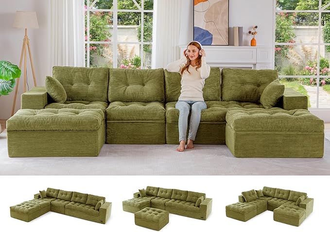 MAXYOYO 132 U Shaped Modular Sectional Sofa with 2 Ottomans Cloud Boneless Couch with Layered Cushion Flexible Module Combination Sofa for Living Room No Assembly Required Green