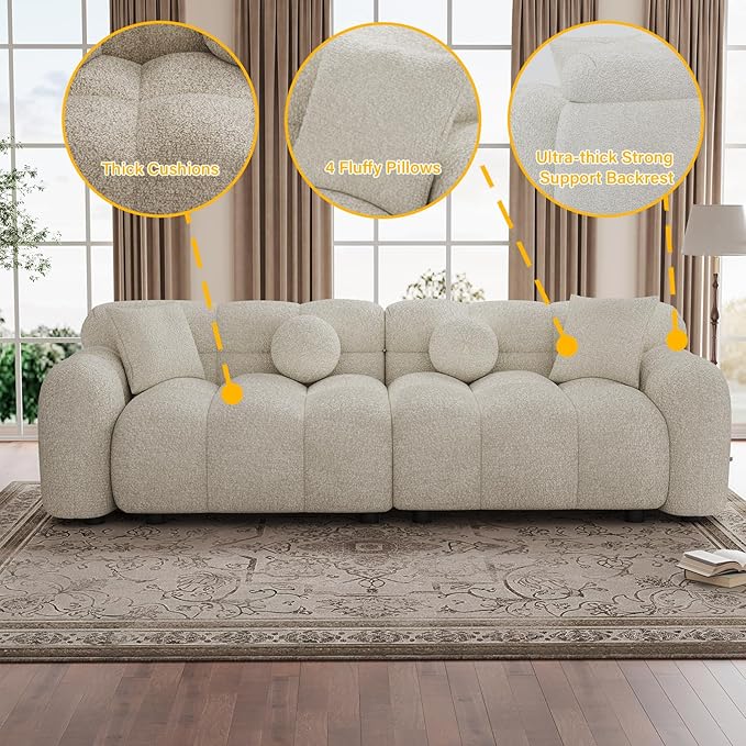 87.3 Modern Sofa Couch Comfy Deep Seat Chenille Cloud Sofa Upholstered 3-Seater Couch Oversized Loveseat for Living Room Bedroom Office Apartment Beige White