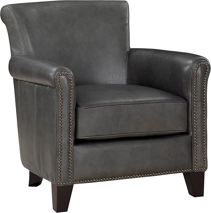 Lexicon 100% Top Grain Genuine Leather Chair Leather Accent Chairs for Living Room Solid Wood Frame Rolled Armrest &amp Nailhead Trim Comfy Reading for Bedroom Office Waiting Room Classic Gray