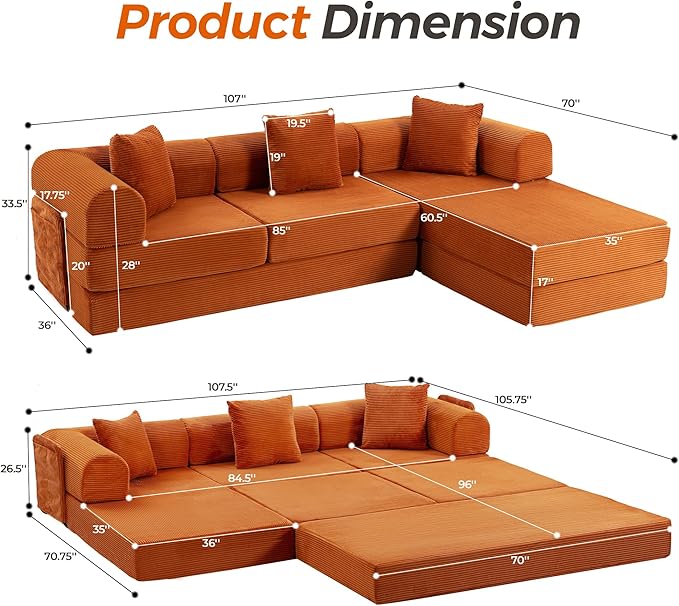 106.3 Oversized Convertible Sleeper Sofa Bed L Shape Modular Sectional Cloud Sofa with Fixed-Shape Frame Boneless Couch with Storage Pocket for Living Room No Assembly Required Orange