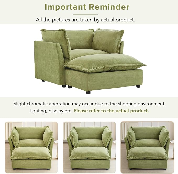 Merax 47 Armchair Upholstered Chenille Sofa Chair 2 Seat Modern Couch with Movable Ottoman Curved Armrests &amp Soft Pillows for Living Room Green