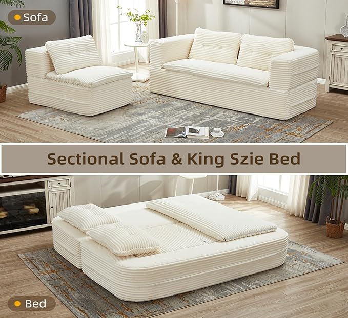 Sleeper Sofa with Chaise Lounge Convertible Sectional Couch Bed Plush Corduroy 3-Seat Sofa with Blanket Deep Seat King Size Sleeper for Small Apartment No Assembly Required (White)
