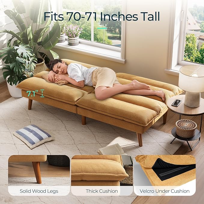 LINSY Futon Sofa Bed - 71 Inch Corduroy Futon Couch with Adjustable Backrest Convertible Folding Futons Sofa Couches for Small Spaces Living Rooms Apartment Office (Yellow)