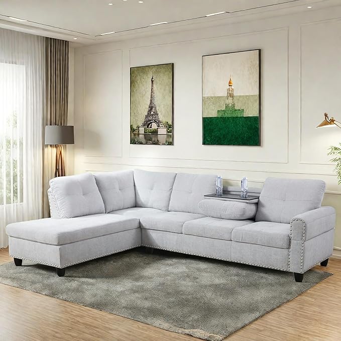 FONTOI L Shaped Sectional Couch Sofa Modern Nail-Head Design Sectional Sofa for Living Room 4 Seat L Couch with Storage Ottoman &amp Cup Holder for Bedroom Apartment Grey