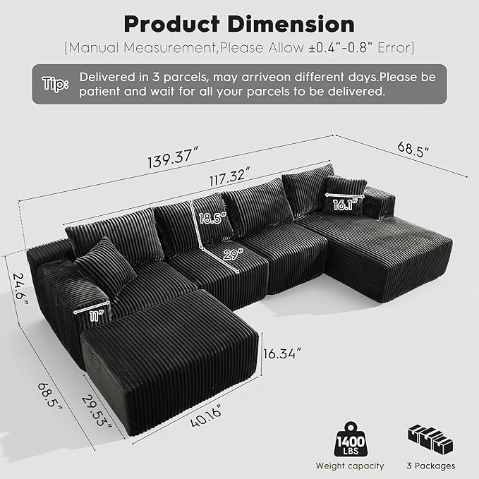 Ihanherry 139.37 Cloud Modular Sectional Couch Sofa with U-Shape Chaise and Big Ottoman with Deep Seat Upholstered Couches for Living RoomNo Assembly Required Plush Corduroy Fabric (Black)