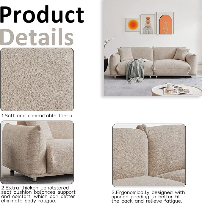 Hison Deep Seat Lambswool Sofa with 2 Pillows86 Inch Modern Sherpa Sofa with Solid Wood Frame 3 Seater Upholstered Couches Comfy Sofa for Living Room Apartment Office Camel