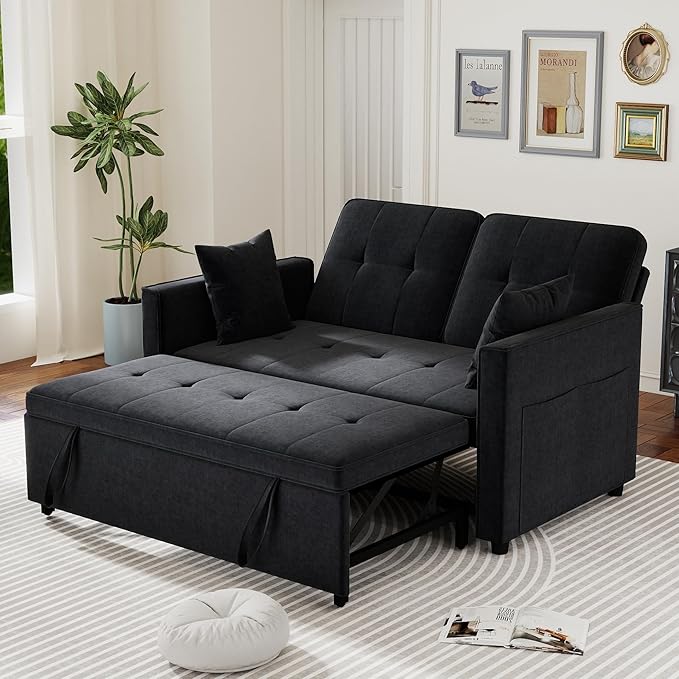 Pull Out Sofa Bed: 56 Black 3 in 1 Convertible Sleeper Sofa Bed Velvet Loveseat Sleeper Couch with Storage Comfy Futon Couch Beds for Living Room | Velvet