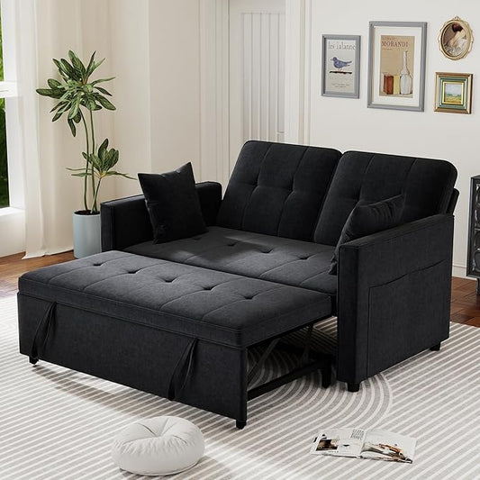Pull Out Sofa Bed: 56 Black 3 in 1 Convertible Sleeper Sofa Bed Velvet Loveseat Sleeper Couch with Storage Comfy Futon Couch Beds for Living Room | Velvet