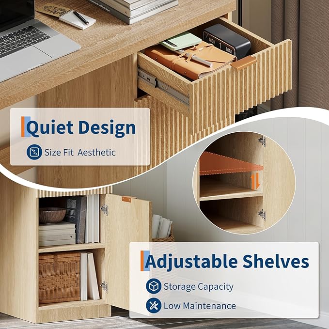 60 Fluted Executive Desk with Drawers Wood Computer Desk with Storage Cabinet Home Office Desks with Storage for Study Room Bedroom Living Room Natural Oak