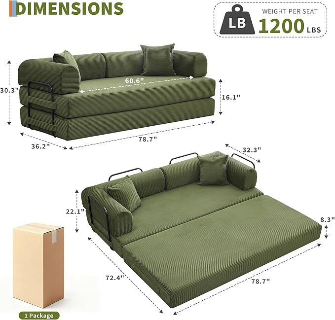 GarveeHome 79 Convertible Sleeper Sofa Bed Couch 4-in-1 Boneless Corduroy Folding Sofa Bed with Pillow &amp Fixed-Shape Floor Mattress Couch Loveseat for Living Room Apartments - No Assembly Gree