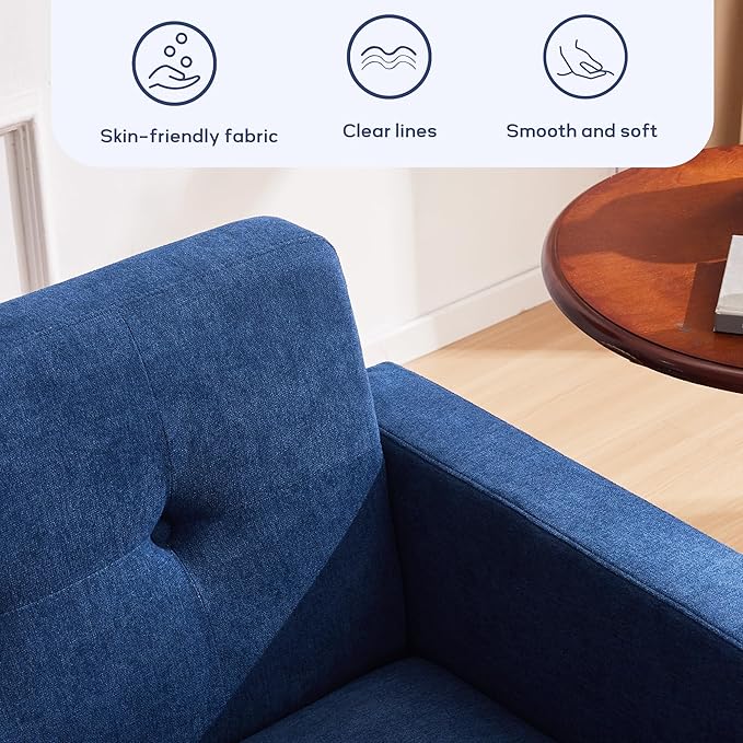 HUIMO Sofa Couch Mid Century Modern Sofa with Solid Wood Frame Button Tufted Couch for Bedroom Living Room Office Apartment (Dark Blue 60 inch)