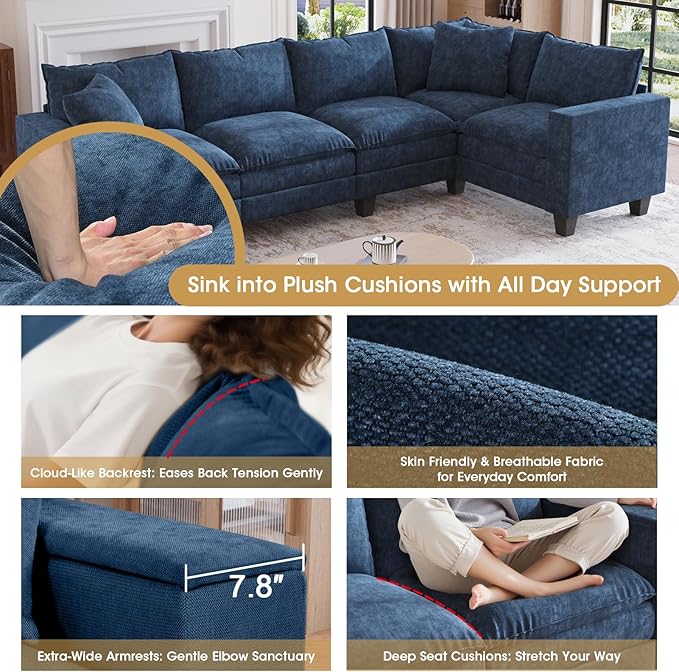 97 L Shaped Sectional Couch Comfy Chenille Cloud Couch 5 Seat Modular Cloud Sofa with 2 Pillows &amp Storage Armrests Convertible V Shaped Corner Couch Sectional Couches for Living Room Blue