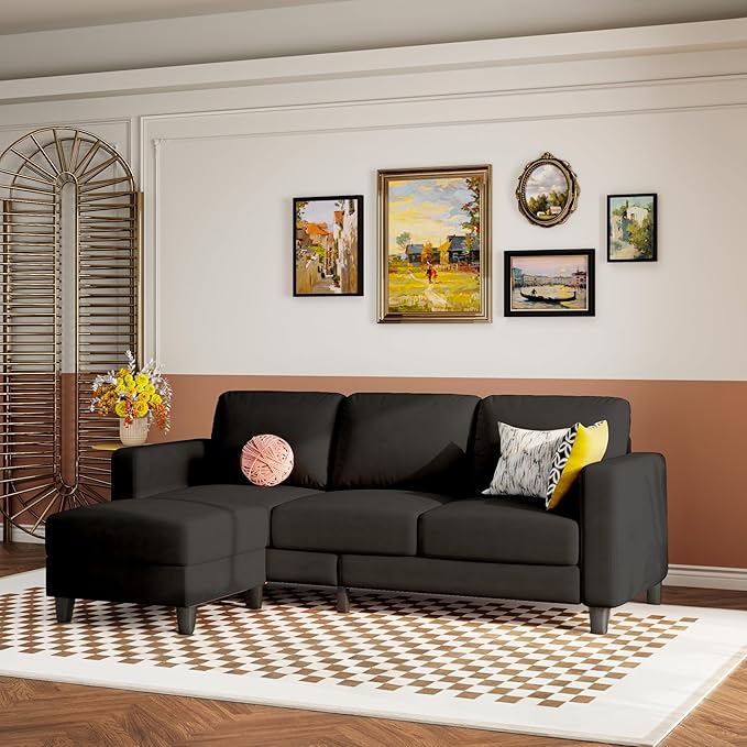 73 Small Sectional Sofa with Reversible Chaise Linen Fabric L-Shaped Couch with Solid Oak &amp Iron FrameHigh-density Sponge Spring Seat CushionRemovable Sofa Cover Compact Apartments and Studios
