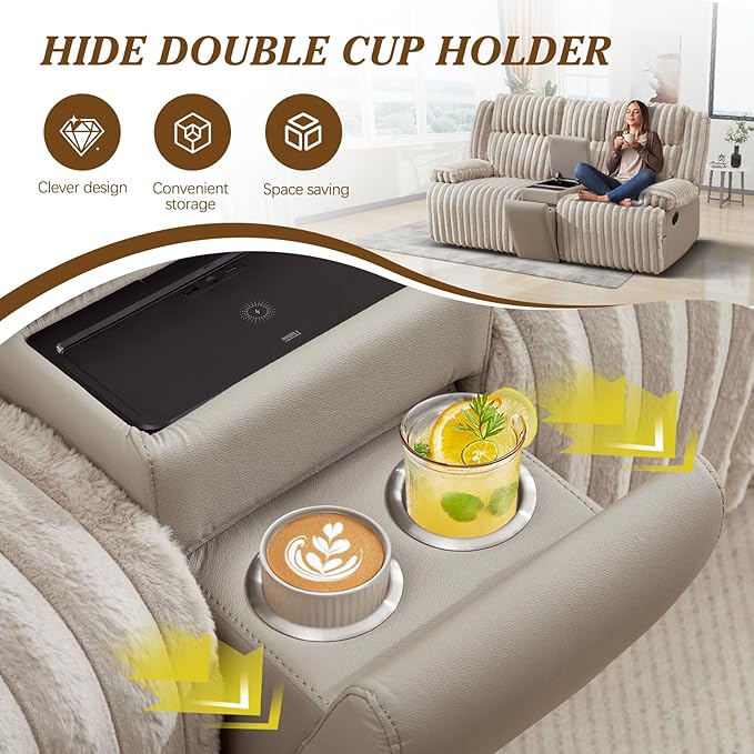 Oversized Reclining Loveseat with Hidden Cup Holders &amp Wireless Charger Wall Hugger Reclining Sofa Manual Double Recliner Loveseat with USB Ports for Living Room (Beige Loveseat)