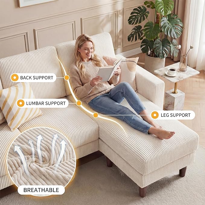 Homall 3 Seat Couch L Shape Sofa with Side Storage Pockage Sectional Couches with Reversible Ottoma Upholstered Sofa for Living Room and Small Spaces (Corduroy White)