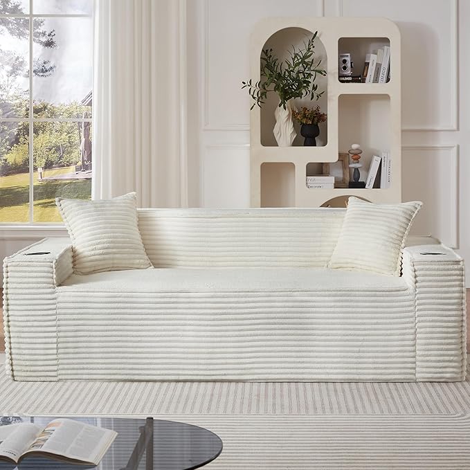 Boneless Sofa Couches with Cup Holder for Compact Living Rooms Apartments (Beige White Loveseat + 3 Seat Sofa) | No Assembly Required 2-Seater Sofa mini couch cup holder boneless loveseat side