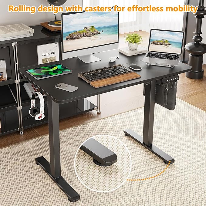 40x24 Inches Electric Standing Desk Adjustable Height Wooden Sit Stand Desk Electric Capacity 300lbs Sit to Stand up Standing Computer Desk with Hooks for Home Office (Black 40x24 Inches)