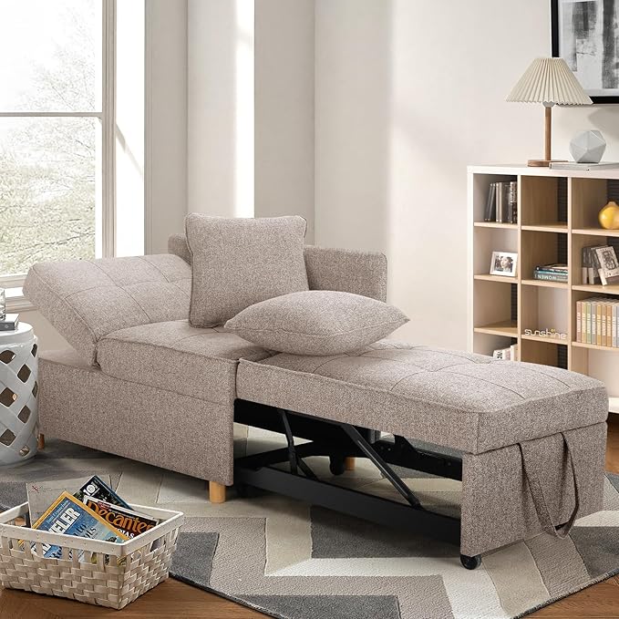 SEJOV Sofa Bed Chair 4-in-1 Convertible Chair Bed 3-Seat Linen Fabric loveseat Sofa with 2 Throw Pillow Single Recliner for Small Space with 5 Adjustable Backrest Brown Grey