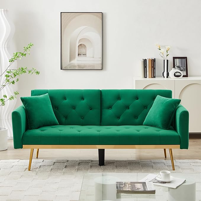 Modern Velvet 2 in 1 Futon Sofa BedConvertible Folding Sleeper Bed Couches with 2 Pillows73 Tufted Recliner Love Seat with Golden Chrome Legs for Living Room Apartment Office (Green-New Velvet)