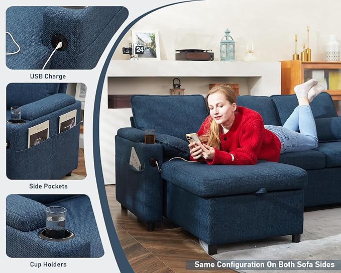 DURASPACE Sofa Bed Sleeper Pull Out 2 in 1 Sectional Sleeper Sofa Couches with StorageUSB Cup HolderPullout Sectional Couches for Apartment Living Room (Blue)