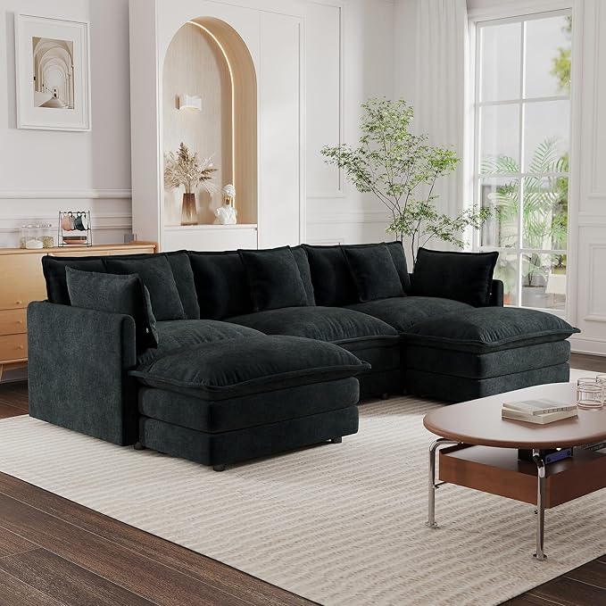 KEIKI 112 U-Shaped Oversized Chenille Modular Cloud Sectional Sofa with 2 Ottoman High-Density Foam Cushion Modern 3-Seater Fluffy Corner Couch with 5 Pillow for Apartment Living Room Black