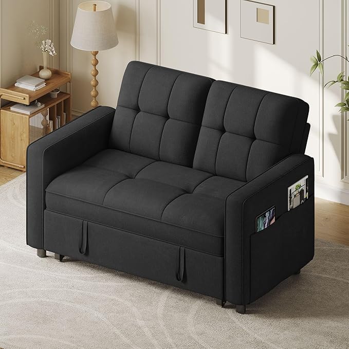 YITAHOME 3-in-1 Convertible Sofa Bed Modern Loveseat Sleeper with Pull-Out Chaise USB Charging Ports Side Pockets Compact Sofa for Living Room Bedroom Apartment Black